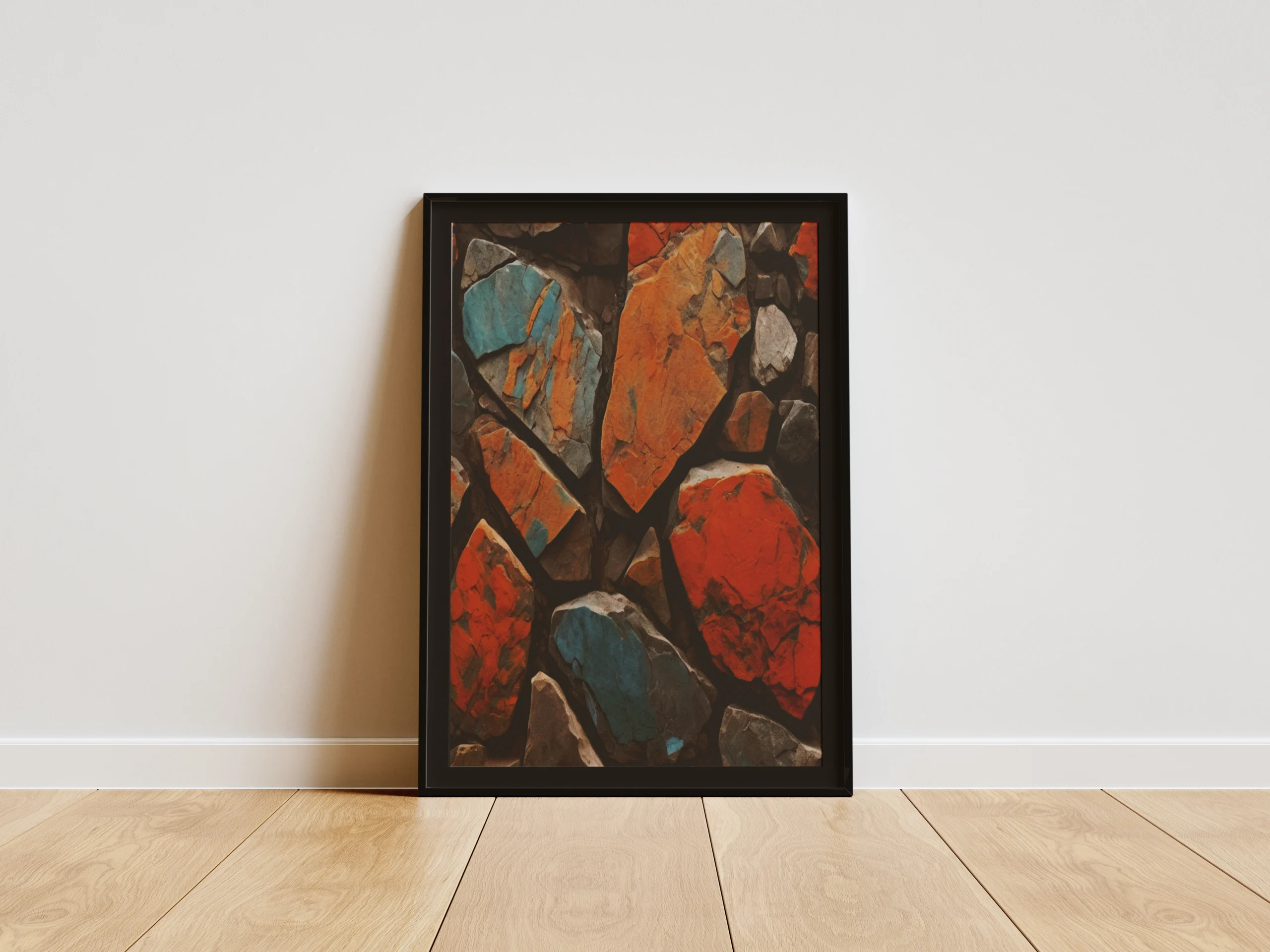 Quadro Abstrato Pedras Rústicas - Mosaico Terracota e Turquesa